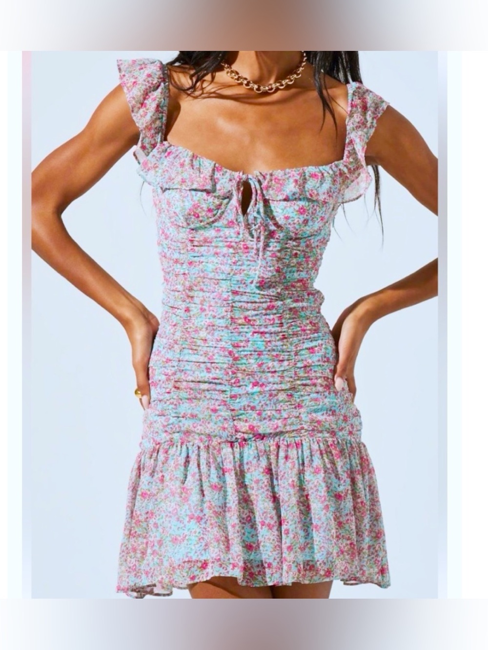 Astr Floral Ruffle Mini Dress in Pink & Blue
